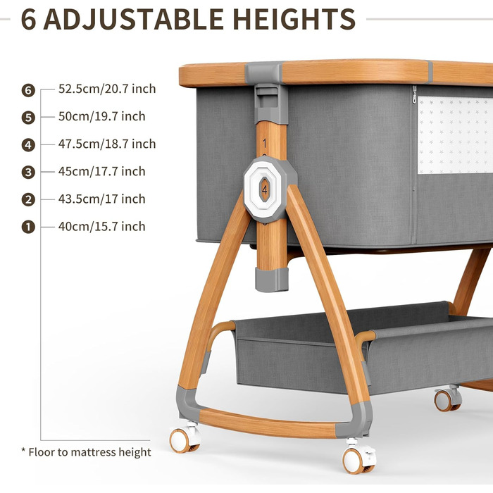 Дитяче ліжечко-тумбочка, дорожнє ліжечко 3-в-1, 6 регульованих рівнів висоти з матрацом та колесами з гальмами, підходить для дітей від 0 до 6 місяців, для дому та подорожей