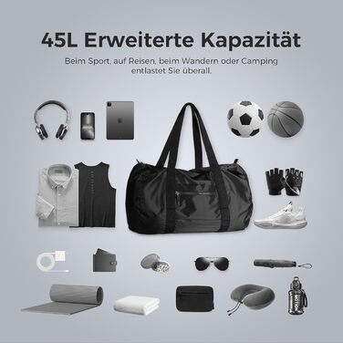 Складана спортивна сумка об&39ємом 45 л водовідштовхувальна спортивна сумка для тренажерного залу, портативна сумка на вихідні, легка для подорожей, фітнесу та кемпінгу (чорна) Чорний 45 л