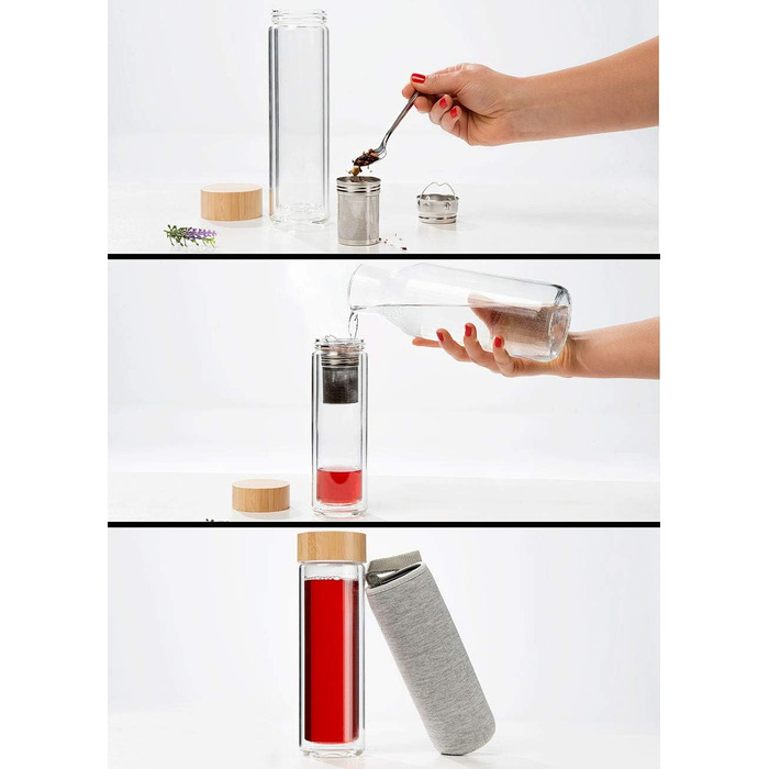 Подвійна пляшка для чаюПодвійна скляна пляшка з неопреновим чохлом та чайним ситечком, 400 мл (термос)