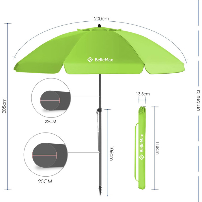 Плаяжна парасолька BelleMax 180 см пляжна вітрозахисна із захисним чохлом із захистом від сонця UV50 яблучно-зелений