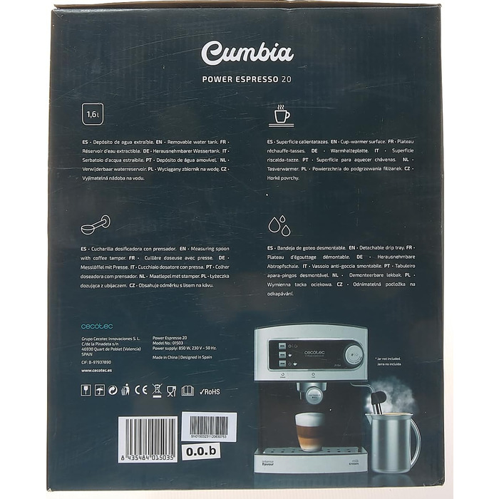 Еспресо-машина Cecotec Cumbia Power Espresso 20 Barista Aromax. Потужність 2900 Вт, 2 системи опалення, насос під тиском 20 бар, манометр, подвійний тримач фільтра на виході та 2 фільтри (базовий)