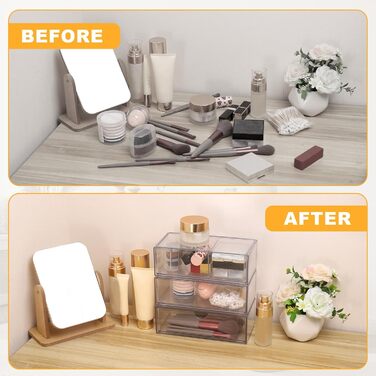 Акриловий органайзер для косметики Hejo з 3 предметів, органайзер для макіяжу, органайзер для туалетного столика, органайзер для шухляд у ванній кімнаті, штабелюваний органайзер для макіяжу, контейнер для ватних тампонів для ванної кімнати та комода (проз