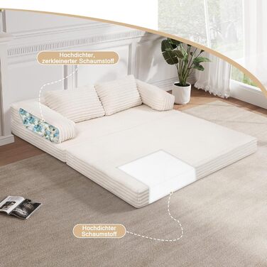 Розкладний диван-ліжко MeMoreCool Cord, зручний розкладний диван із функцією сну, безкістковий диван із подушками для спальні, вітальні та невеликих приміщень, компресійний диван-ліжко 3-в-1, бежевий