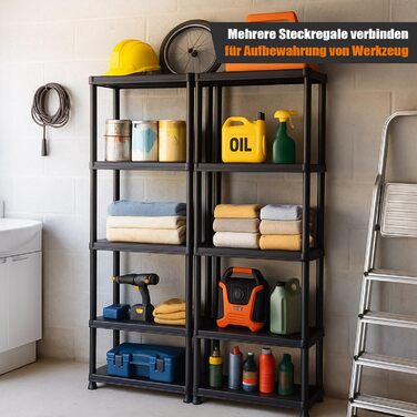 Пластиковий стелаж, шириною 60 см або 74 см, для комори та складського приміщення, кухня, вантажопідйомність 100 кг, 4 полиці, вузька полиця для підвалу чорного кольору (1, 5 полиць), 5 полиць