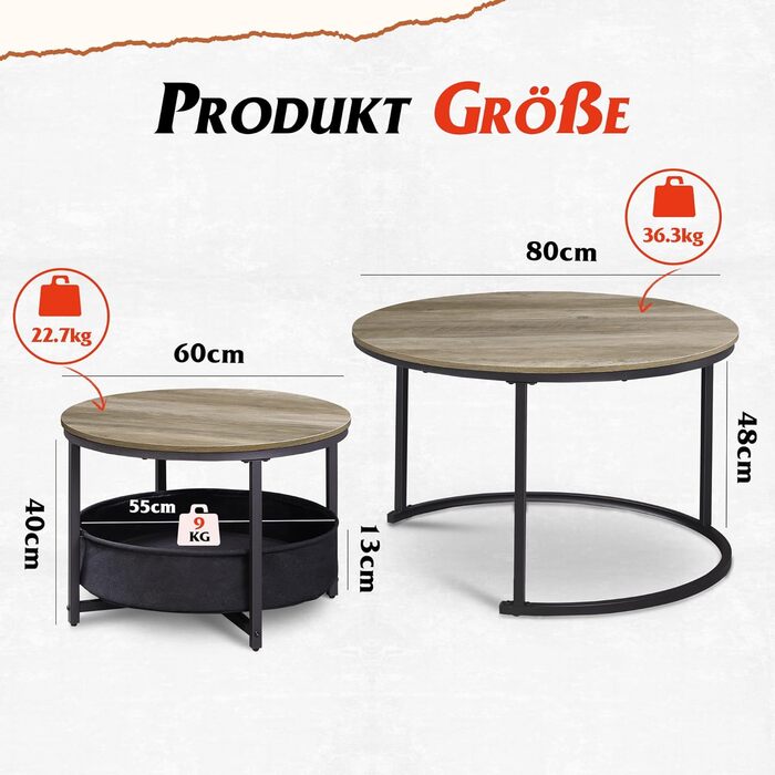 Набір з 2 круглих журнальних столиків WLIVE, сучасний круглий стіл для вітальні, бічний столик з тканинним кошиком, діаметр 80 см, журнальний столик для спальні, домашнього офісу (сірий дуб)