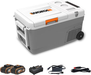 Мобільний кулер WORX 18V (20V MAX) WX876, PowerShare 20V, 220-240V AC, 12V/24V DC, 23L, -20-20, висувна ручка та колесо, ідеально підходить для будівельного майданчика, кемпінгу та автомобільних подорожей, акумулятори 4Ah та зарядний пристрій 4A