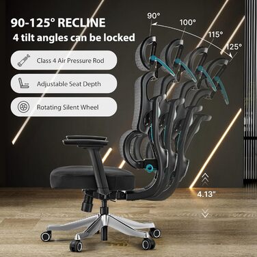 Ігрове крісло Eureka Axion з регульованою поперековою опорою, ергономічне офісне крісло з 4D підголівником/3D підлокітниками зі штучної шкіри, дихаюче сітчасте робоче крісло, чорно-синє