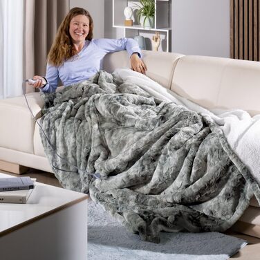 Ковдра з підігрівом та автоматичним вимкненням, 215 x 240 см, велика м&39яка ковдра XXL з 9 температурними режимами, з ефектом овчини, сіра