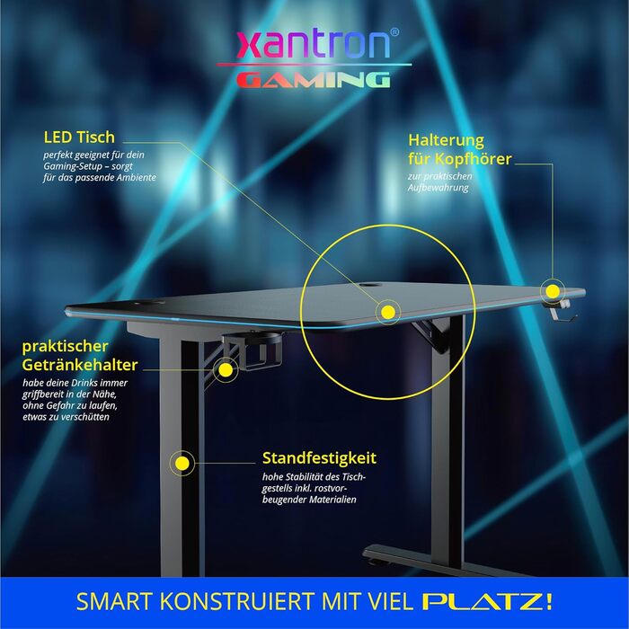 Ігровий стіл Xantron зі світлодіодним атласом 3 регульовані RGB-ефекти 136x60x75 см, чорний, з органайзером для кабелів, тримачем для чашки та тримачем для гарнітури