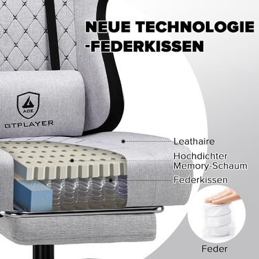 Ігрове крісло GTPLAYER Ергономічне ігрове крісло з тканинною поверхнею, пружинною подушкою сидіння, з&39єднувальними підлокітниками та підставкою для ніг 150 кг, біло-сіре