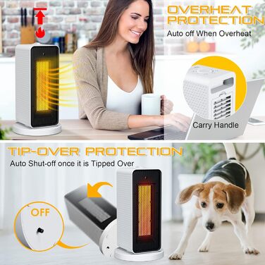 Енергозберігаючий тихий міні-електричний вентилятор-обігрівач Qoosea потужністю 1200 Вт з керамічним нагрівальним елементом, 3 режими, швидке нагрівання 3S, PTC-обігрівач для дому та офісу (білий)