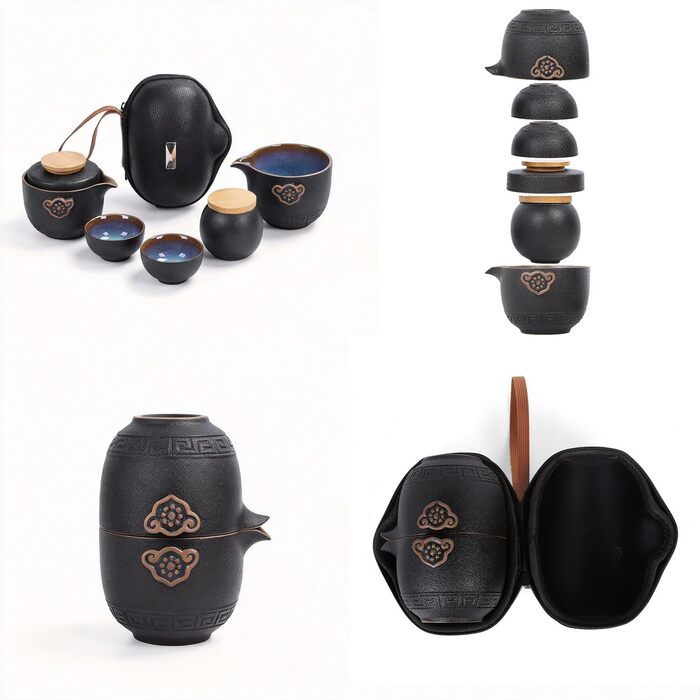Китайський чайний набір Кунг-Фу, кераміка чайник, баночка для чаю, 2 чашки та зручна сумка для транспортування. Ідеально підходить для дому, офісу, пікніків та щоденного використання.