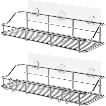Душова полиця з гачками, нержавіюча сталь SUS304, самоклеюча, 2 шт. (срібляста)