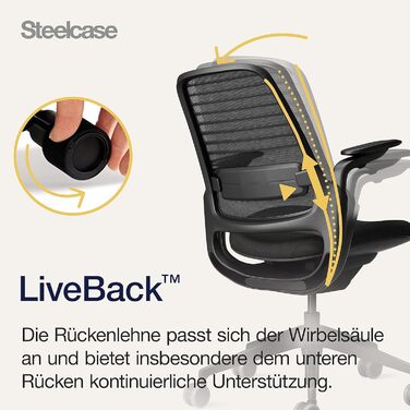 Ергономічне офісне крісло Steelcase серії 1 з поперековою опорою LiveBack та підлокітниками 4D, колір Onyx Black, колір Onyx Black без підголівника