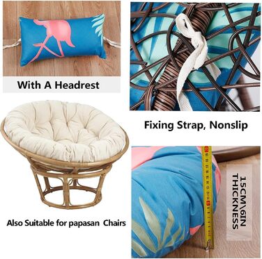 Подушка для підвісного крісла на вулицю, XXL, сіра, діаметр 105 см, товщина 15 см, піна з ефектом пам&39яті, можна прати, знімний чохол, нековзний ремінь, регульований підголівник