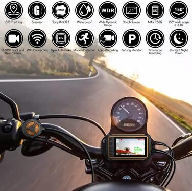 Відеореєстратор для мотоцикла, 1080P відеореєстратор з подвійною камерою, водонепроникною спереду і ззаду з 3 РК-дисплеєм, WiFi, G