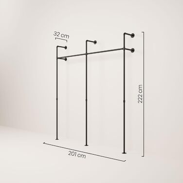 Настінна вішалка для одягу pamo 201 x 222 см - Відкрита вішалка для одягу в індустріальному стилі, чорний металевий, водопровідні труби - вантажопідйомність 240 кг, чорний колір