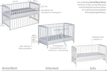 Дитяче ліжечко Міккі - біле - 60x120 см - виготовлене з масиву бука - плавне регулювання висоти - вкл. бортики для переобладнання та ремінь безпеки White Old