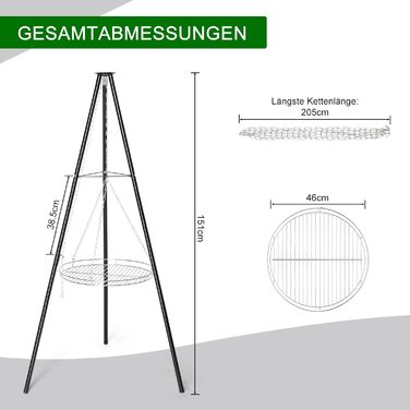 Мангал тринога з регульованою висотою та решіткою 48 см - для пікніків, барбекю, кемпінгу - чорний. Без жаровні.