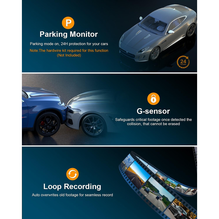 Автомобільна передня, 1080P FHD автомобільна камера, з 64G SD картою, 176 ширококутний відеореєстратор, ІЧ-камера нічного бачення,