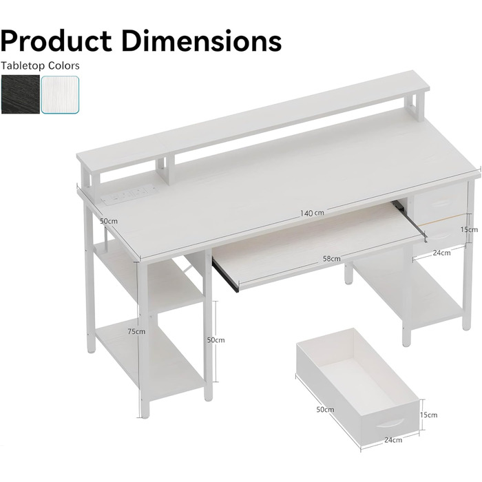 Письмовий стіл з 2 шухлядами, 140 x 50 см, комп&39ютерний/ігровий стіл з підставкою для клавіатури, бічною полицею з регульованою висотою, підставкою для монітора та розеткою для домашнього офісу та вітальні, білий, 140 x 50 см