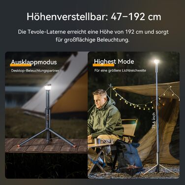 Телескопічний та складаний кемпінговий ліхтар, 800 люмен, водонепроникний IP65, з пультом дистанційного керування та магнітною основою, перезаряджається через USB, регульована висота зовнішнє освітлення для пригод, кемпінгу, аварійного освітлення