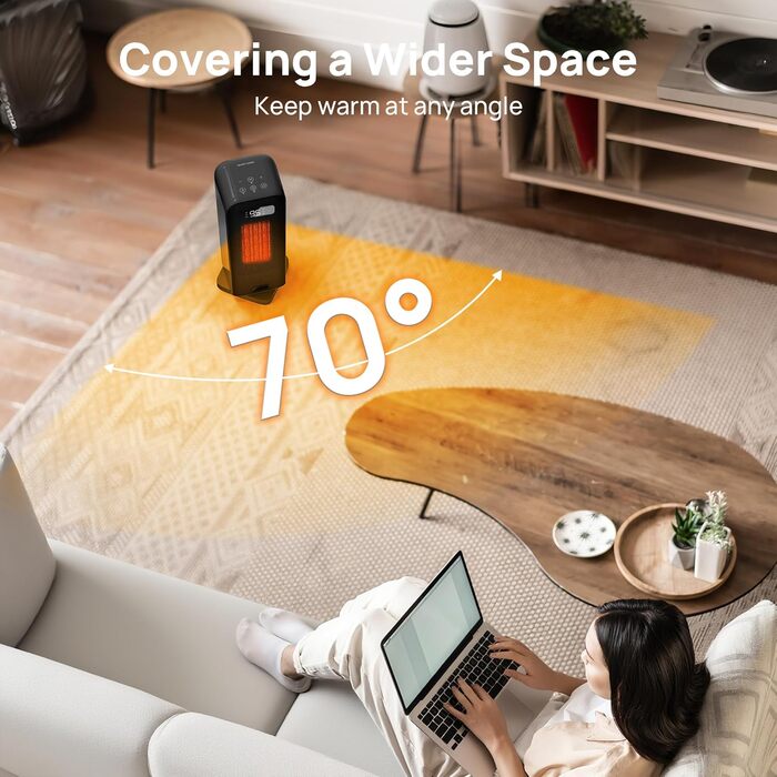 Енергозберігаючий вентилятор-обігрівач, портативний керамічний PTC вентилятор-обігрівач потужністю 1500 Вт, тиха робота, коливальна панель 70, 12-годинний таймер, захист від перегріву та перекидання, сумісний з Alexa та Google Assistant, чорний, 4 режими
