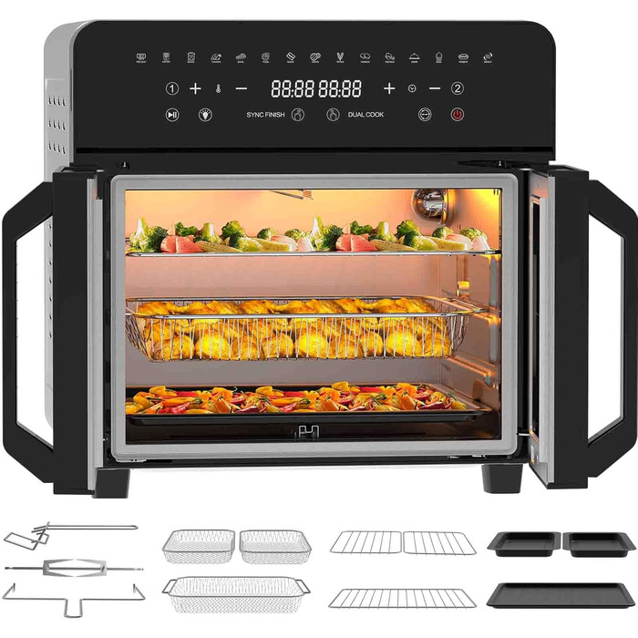 Фритюрниця iceagle 23 л Dual Zone- Мультипіч XXL з французькими дверцятами Духова шафа для фритюрниці з подвійною камерою, 15 програм, 2200 Вт, 12 аксесуарів, знімний роздільник для гнучкого місця для приготування їжі