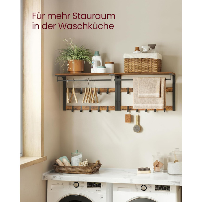 Настінна вішалка VASAGLE, з полицею, настінна полиця з 10 знімними гачками, підвісна полиця, настінне кріплення, 2 вішалки, вішалк