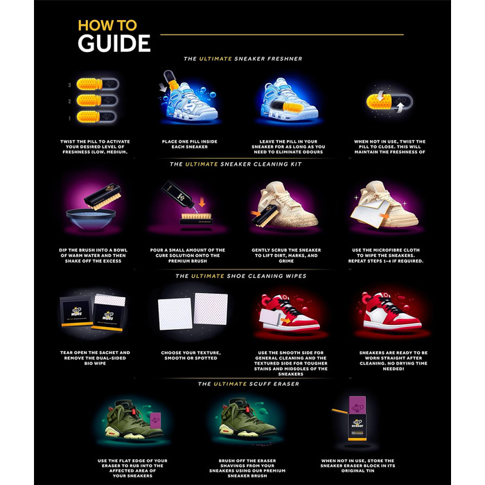 Преміальний набір для чищення кросівок з 6 серветками для чищення кросівок, 2 таблетки, гумка, розчин для чищення, ганчірка з мікрофібри та щітка 100 мл