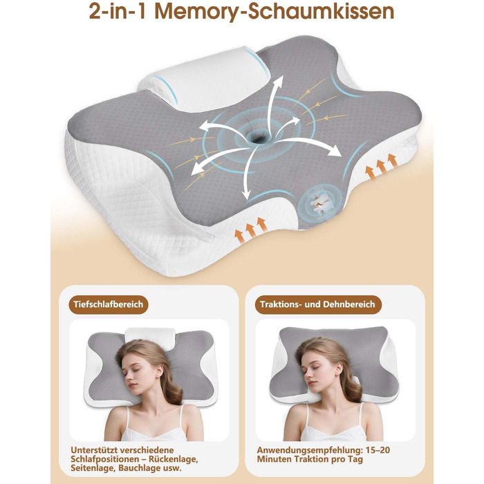Подушка для шиї 2-в-1 з піни з ефектом пам&39яті, ергономічна для сну на боці та на спині зі знімним чохлом, який можна прати, 6412/13 см