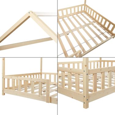 Дитяче ліжко Hesel House ліжко дерев'яне 120 x 200 см із захистом від випадіння та рейковим каркасом Підлогове ліжко Молодіжне ліж