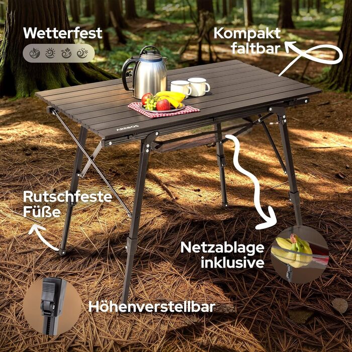 Складаний кемпінговий стіл Arebos 120 x 70 см Складаний стіл з регульованою висотою 58-78 см Аксесуари для кемпінгу, саду, барбекю, пікніка Складаний кемпінговий стіл Дорожній стіл з сумкою для перенесення Чорний