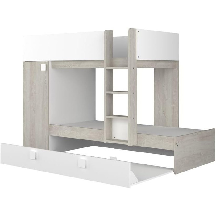 Двох'ярусне ліжко для двох дітей з висувним спальним місцем і шафою для одягу в білому кольорі