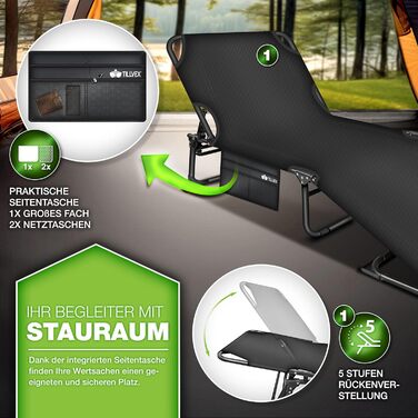 Складане кемпінгове ліжко з подушкою для шиї та бічною кишенею, до 280 кг Кемпінговий шезлонг/шезлонг з подушкою Похідне ліжко для використання на вулиці та в приміщенні Складане ліжко/гостьове ліжко, складне, для саду, кемпінгу, фестивалів, подорожей, 19