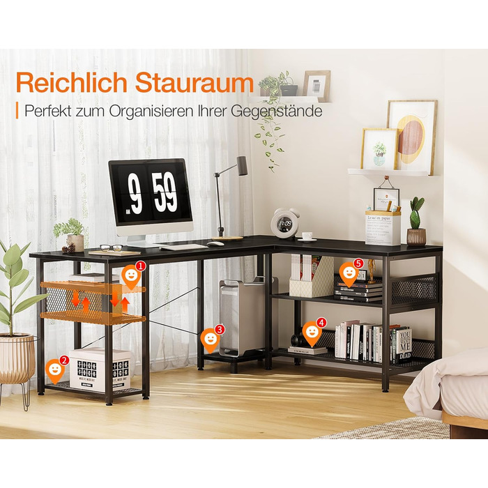 Ігровий стіл ODK, двосторонній ігровий стіл 150102 см з 2 розетками та 2 портами зарядки USB, кутовий стіл з максимальною організацією та місцем для зберігання, чорний 150102 см чорний