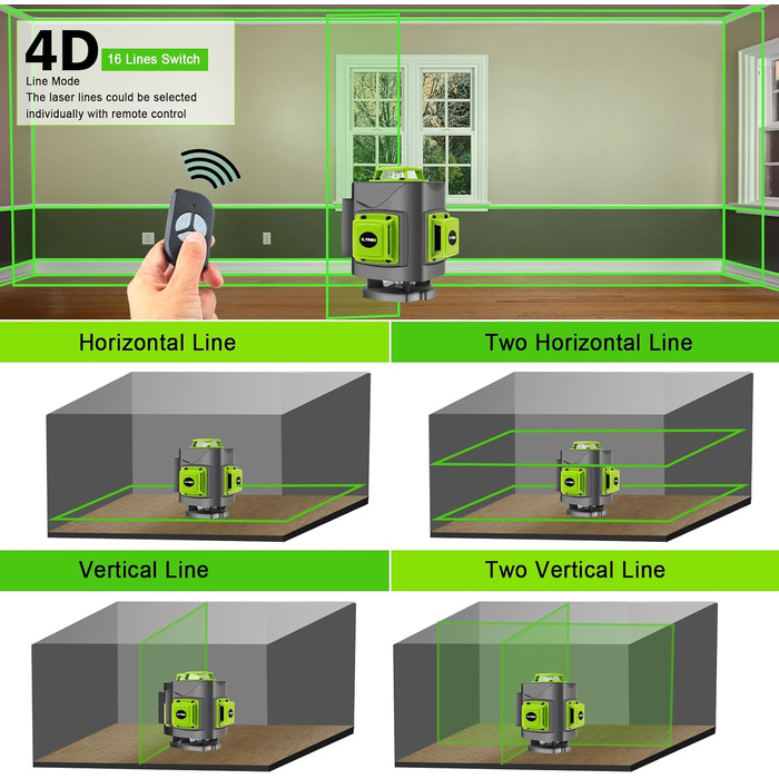 Перехресний лазерний зелений 4 x 360 градусів, зелений лазер 16 ліній, лінійний лазерний перехресний лазерний вирівнюючий пристрій будівельний лазер для внутрішнього і зовнішнього будівельного майданчика, 2 * батареї, пульт дистанційного керування (чорний