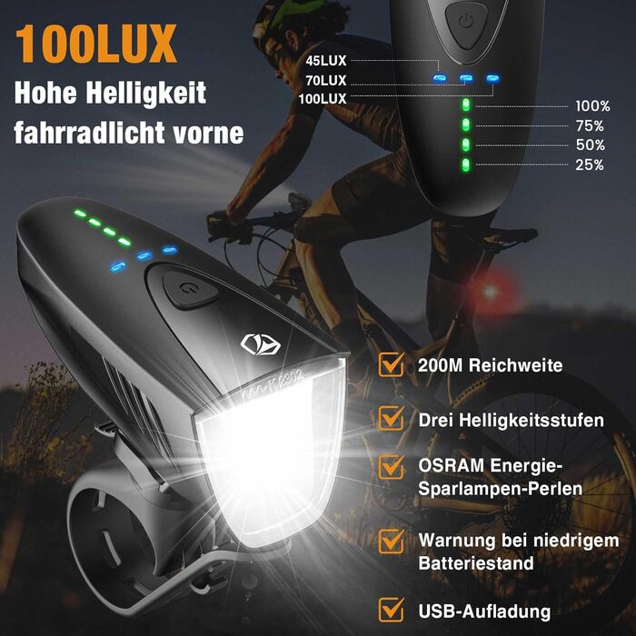 Комплект велосипедних ліхтарів toptrek 100LUX, Комплект велосипедних ліхтарів з USB-акумулятором, Велосипедний ліхтар, схвалений StVZO, Комплект велосипедних світлодіодних ліхтарів IPX5 Водонепроникний передній та задній ліхтарі 100 LUX