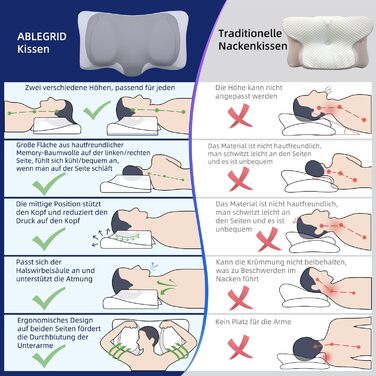 Ортопедична подушка ABLEGRID з піни з ефектом пам&39яті, ергономічна подушка для підтримки шиї з охолодженням для сну на боці, спині та животі, сіра