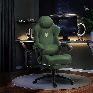 Ергономічне ігрове крісло Dowinx з масажною поперековою подушкою, регульованим по висоті підголівником, потовщеною подушкою сидіння, висувною підставкою для ніг, регульованими підлокітниками, велюр з мікрофібри, кут нахилу 155, зелене
