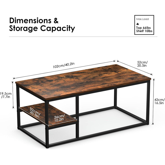 Журнальний столик VOWNER, стіл для вітальні, журнальний столик зі сталевим каркасом та полицями, промисловий дизайн, скандинавський стиль, легке складання, дерев&39яний диванний столик, приставний столик, вінтажний коричневий