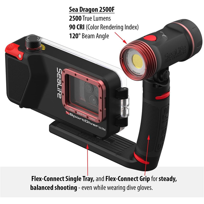 Підводний чохол для смартфона Sealife SportDiver Ultra та підсвічування Sea Dragon 2500 люмен, водонепроникна фотозйомка, просте керування камерою, підходить для смартфонів розміром до iPhone 17 Pro Max Ultra з підсвічуванням