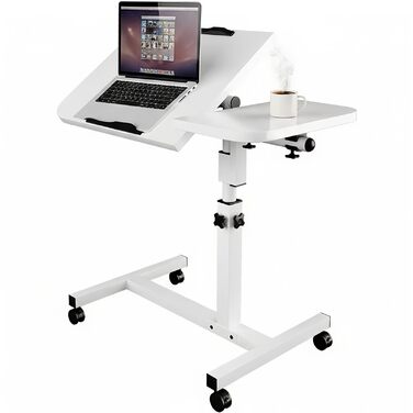 Мобільний столик для ліжка на колесах, регульована висота бічного столика 60-90 см та кут нахилу, столик для догляду за ліжком, столик для ноутбука, столик для дивана на колесах, столик для стояння зі звукоізоляцією (білий)