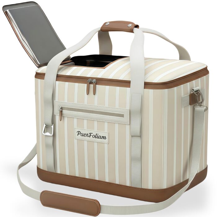 Велика складна сумка-холодильник 45 л для покупок, пляжу, пікніка, кошика для покупок, сумки для ланчу, термосумки, боксу-холодильника, портативна, пасивна, водонепроникна, 12 годин ізольована з клапаном, ретро XXL бежевий