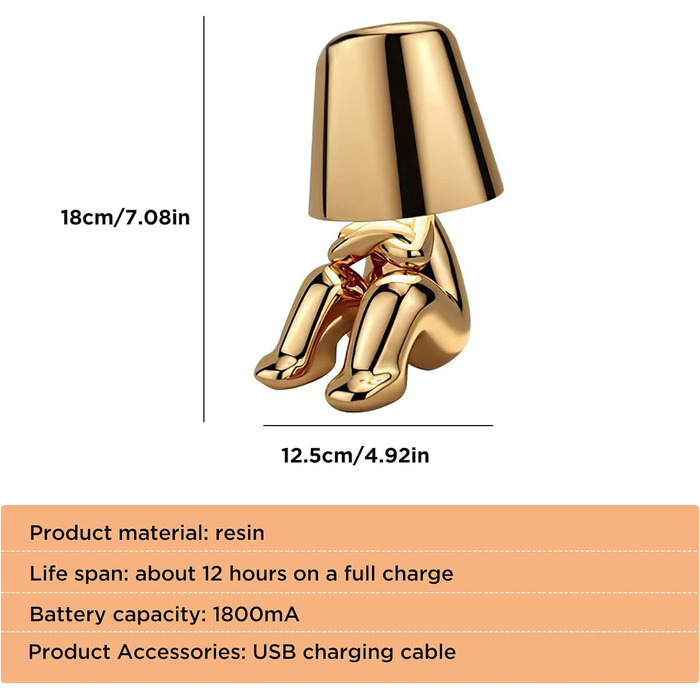 Настільна лампа з сенсорним керуванням, декоративна світлодіодна настільна лампа Thinker Statue Man, USB-зарядка 3 рівні яскравості Приліжкова лампа з регулюванням яскравості для спальні вітальні Прикраса офісу Подарунок (M)