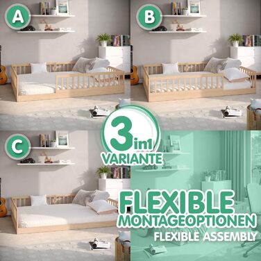 Дитяче ліжко CADANI Timi 140x200 см, підлогове ліжко, знімні захисні поручні, вантажопідйомність до 200 кг, висувна рейкова основа, ліжко Монтессорі з масиву сосни, 3 варіанти складання, трансформоване, натуральний колір 140 x 200 см