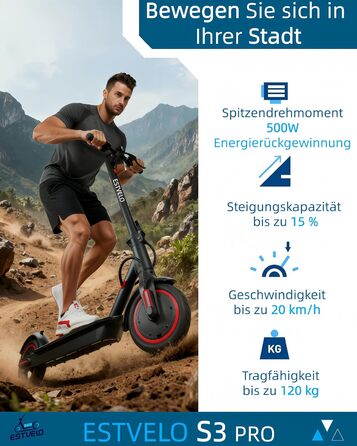 Електросамокат з пневматичними шинами, електричний самокат S3 PRO 20 км/год - нахил 15, запас ходу 30 км, вантажопідйомність 120 кг, подвійна гальмівна система, дисплей, застосунок, електросамокат для дорослих