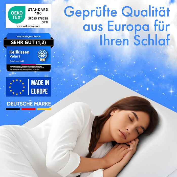 Клин-подушка Velara для ліжка, ширина 90 см Зроблено в Європі Інноваційна 2-шарова система Рефлюксна подушка для покращеного положення сну Клин-наматрацник Клин-наматрацник Подушка для читання з м&39яким чохлом, який можна прати, 90 x 60 x 15 см, білий