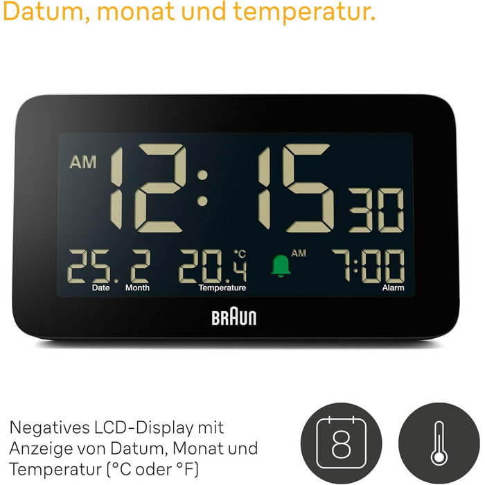 Цифровий будильник Braun з відображенням дати, місяця та температури, негативним РК-дисплеєм, швидким налаштуванням та поступовим звуковим сигналом будильника, чорного кольору, модель BC10B. у комплекті.