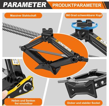 Домкрат з храповим ключем, домкрат ножичний для легкового автомобіля та позашляховика - 2 тонни Комплект автомобільного підйомника-Домкрат-ножиці Портативний, ідеально підходить для обслуговування та ремонту, діапазон ходу від 105 до 385 мм